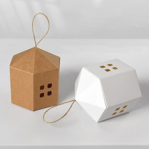 House Shaped Gift Boxes With Hemp Rope White Kraft Paper Hollow Window DIY Candy Packaging Boxes For Wedding Party Christmas