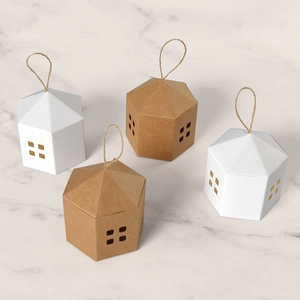 Mini house shaped paper gift boxes with window cutout and hemp rope handle in white and brown