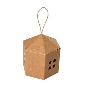 Creative brown kraft paper house-shaped gift box with cutout windows and hemp rope handle