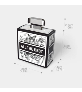Detail of perfume-shaped gift box with black and white sunflower illustration and dimensions