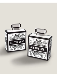 Detail of perfume bottle-shaped gift boxes with floral prints and 'ALL THE BEST' text