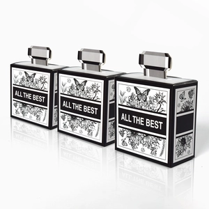 Minimalist perfume bottle shaped gift boxes with floral prints and silver caps