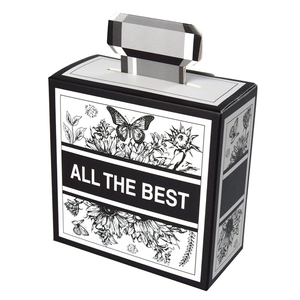 Perfume bottle shaped gift box with black and white floral sketches and top handle