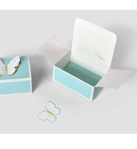 Detail of light blue butterfly gift boxes showing open and closed states with paper 3D wings