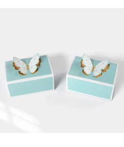 Detailed view of light blue gift boxes featuring textured 3D butterfly ornaments