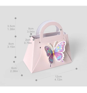 Detailed dimensions of pink DIY gift box with butterfly sticker and handle for wedding favors