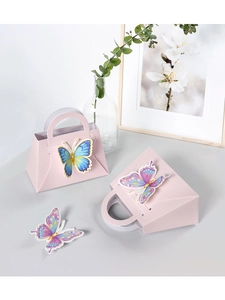 Detail of pink hand-held gift boxes with vivid 3D butterfly ornaments and sleek handles