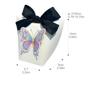 Detailed size view of white gift box with purple butterfly and black grosgrain ribbon bow