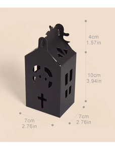 Detailed dimensions of a black haunted house gift box for Halloween candy with cutouts