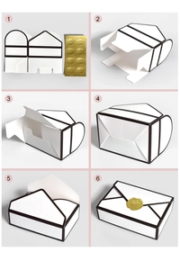 Step-by-step assembly guide for European style white wedding favor boxes with gold wax seals