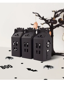Detail of black hollow house gift boxes with bat decor for Halloween candy packaging