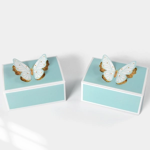 3D butterfly tiffany blue square wedding candy gift boxes with elegant gold glitter detail