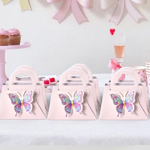 Modern Pink Handbag Style Gift Box With 3D Butterfly Decoration White Cardboard Folding Candy Favor Box For Wedding Party