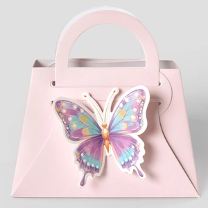 Pink trapezoid gift box with a colorful artistic 3D butterfly and arched handle