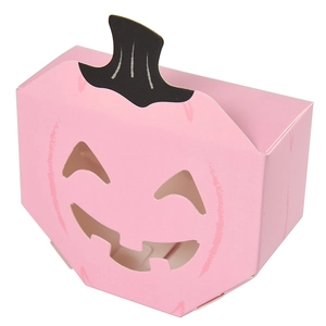 Pink pumpkin Halloween gift box with a hollowed Jack-o'-lantern face and black stem