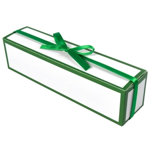 Rectangular white gift box with green border and elegant ribbon bow for jewelry packing