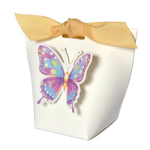 DIY 3D butterfly gift box in white paper with yellow satin ribbon and purple butterfly