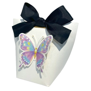 Elegant white wedding candy box featuring a black bow and a colorful 3D paper butterfly