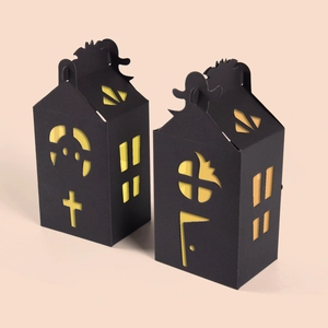 Halloween black house-shaped hollow paper gift boxes for candy and treats with ghost design