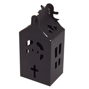 Halloween black cutout ghost house gift box for candies shown at a 45-degree angle