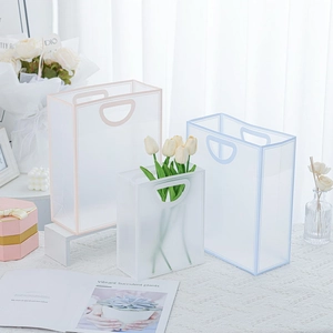 Three sizes of frosted transparent PP plastic gift bags with ergonomic D-shaped handles