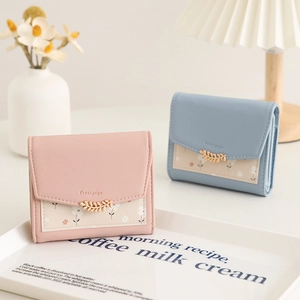 Portefeuille Femme Court Cuir PU Imprimé Floral Boucle Métallique Feuille Pliable Porte-Cartes Style Coréen Doux