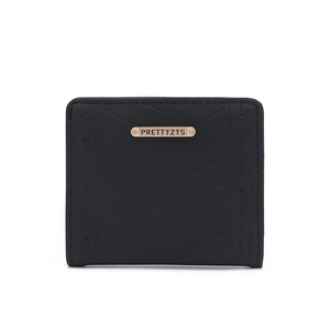 Detailed view of black quilted faux leather card wallet with elegant golden metal logo plate
