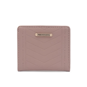 Close-up of pink bi-fold wallet with V-shaped stitching and gold brand logo detail
