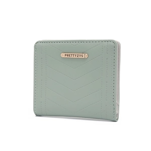 Minimalist mint green short fold wallet with V-shaped stitching and gold metal plaque