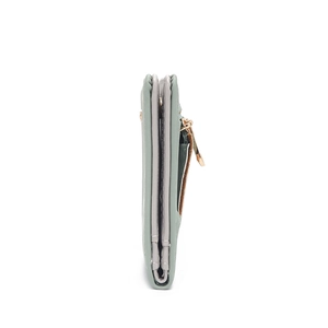 Green minimalist foldable women's wallet with multi-layer structure and gold zipper