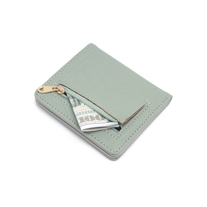 Slim light green bifold leather wallet with V-shaped quilting and gold zipper coin pocket
