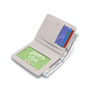 Light gray bifold PU leather wallet for women with card slots and photo window