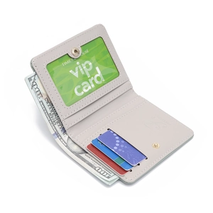 Slim light gray PU leather bi-fold wallet for women with golden snap button closure