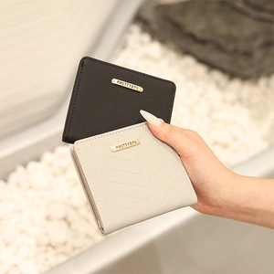 Women Short Wallet PU Leather Bifold Card Holder V-Shaped Stitching Metal Decor Fresh Sweet Style Compact Purse