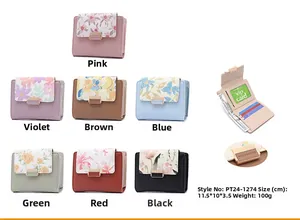 Short PU leather floral wallets for women with metal snaps and internal card slots