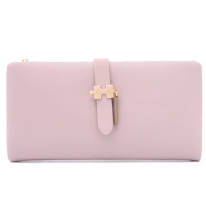 Detail of light purple long wallet with puzzle metal clasp and smooth leather texture