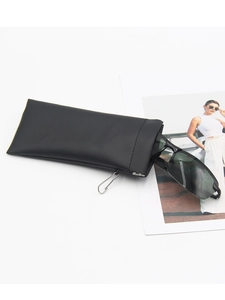 Portable leather sunglass pouch with metal hook and black square frame sunglasses