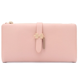 Detail view of pink PU leather wallet with gold jigsaw buckle and zipper closure