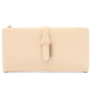 Detail view of smooth beige faux leather wallet with gold zipper and puzzle buckle