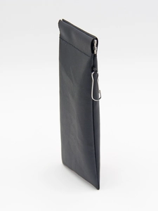Detail view of a black faux leather glasses case with a silver metal carabiner hook