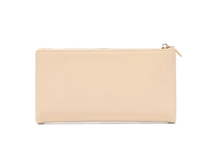 Close-up of minimalist beige PU leather long wallet with light gold metal zipper detail