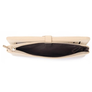 Minimalist beige long PU leather wallet for women with zipper closure and belt detail