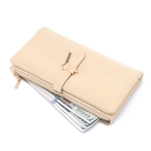 Long PU leather wallet in cream beige with a unique gold puzzle-shaped buckle and zipper