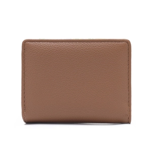 Detailed view of the brown litchi grain leather texture and fine stitching on this wallet