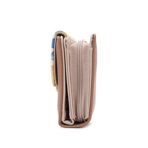 Side view of compact PU leather wallet showing pebbled texture and lavender zipper detail