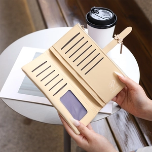 Long PU leather wallet in beige with 12 card slots and zippered mobile phone pocket