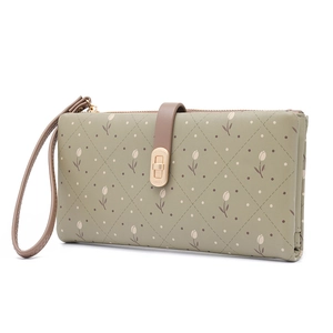 Olive green long wallet for women with tulip floral print and golden metal lock