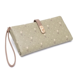 Green floral long wallet with tulip print, diamond stitching and lucky metal lock