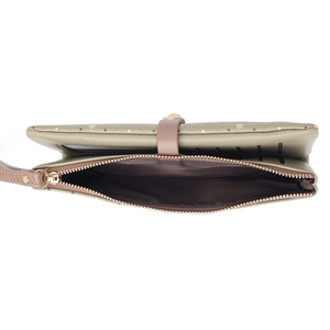 Top view of olive green long wallet showing internal card slots and zipper pocket
