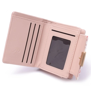 Short pink PU leather tri-fold wallet for women with multiple card slots and metal clasp
